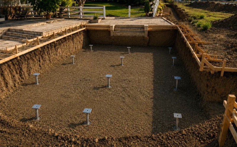 Residential pool construction site prepared with structural supports to reduce pool settlement and soil movement.