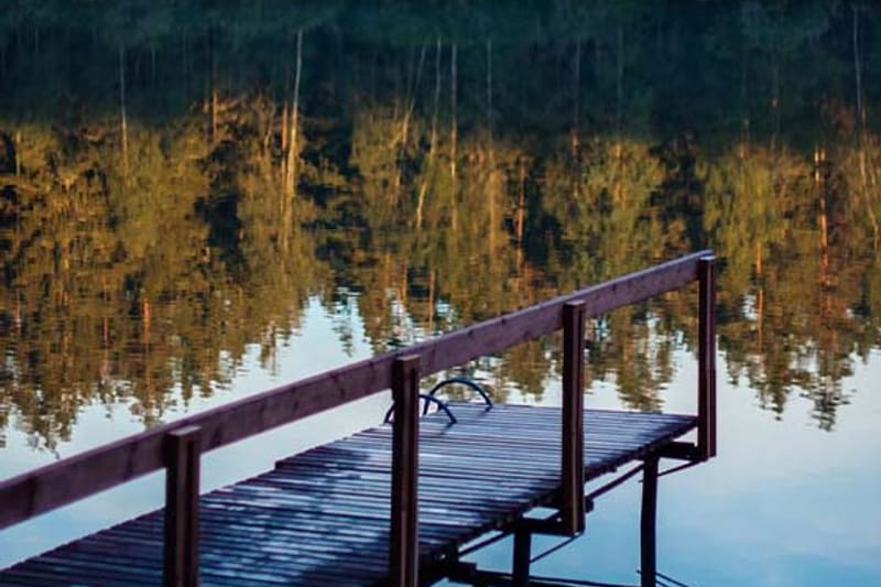 Wooden dock on a calm lake with trees reflected in the water