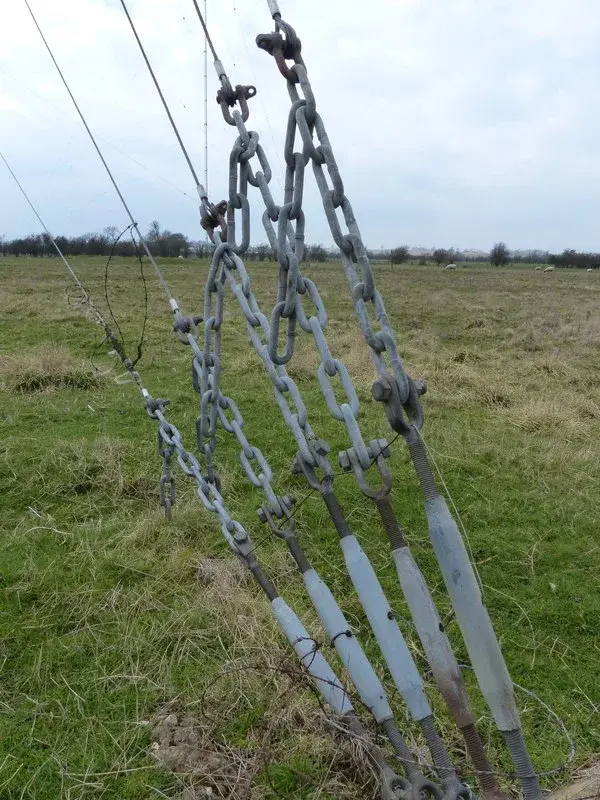Guy wires and chains running down to steel anchor rods set in the ground in a grassy field