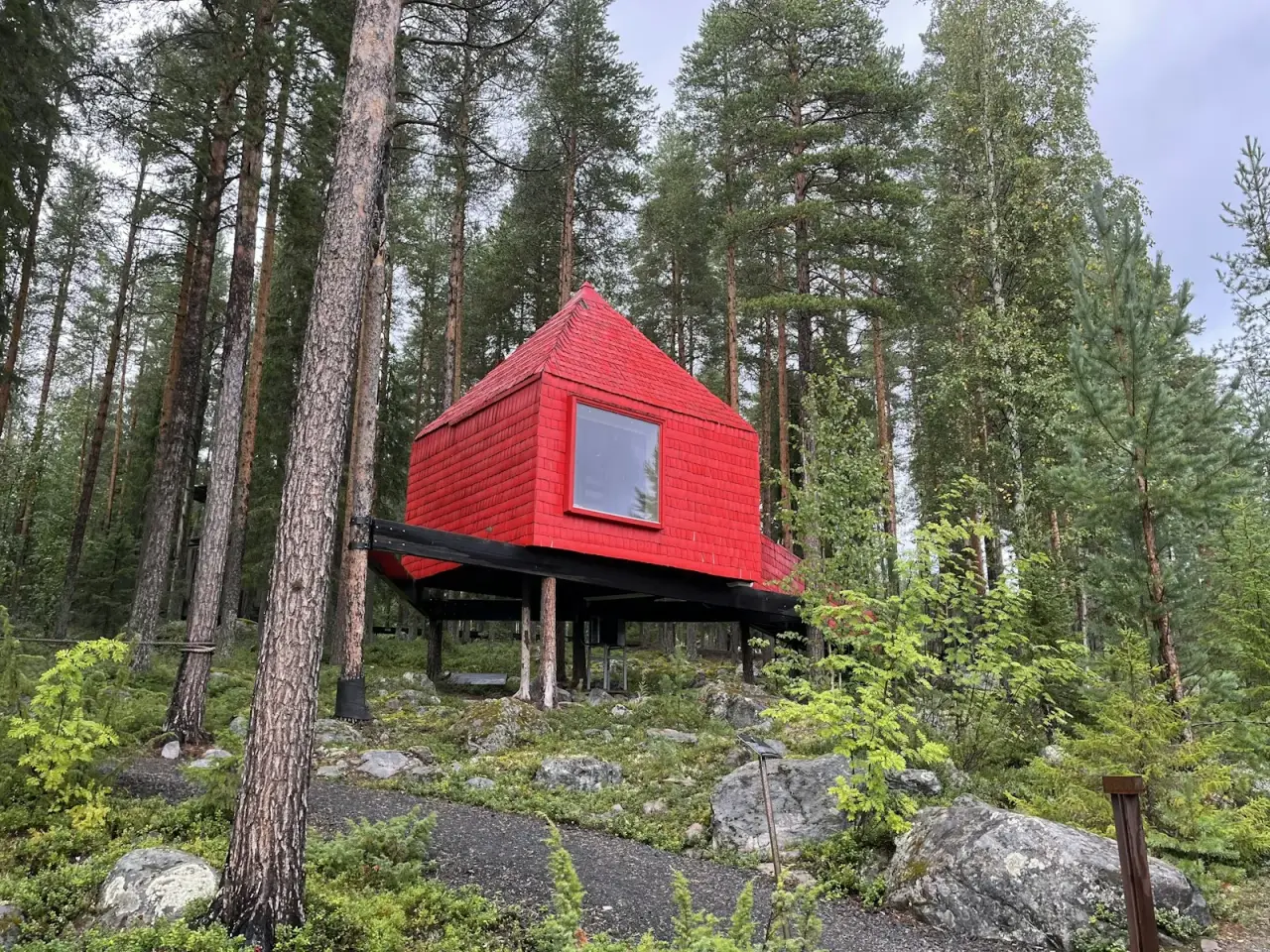 Small red cabin raised above rocky forest ground on a grid of isolated posts and beams