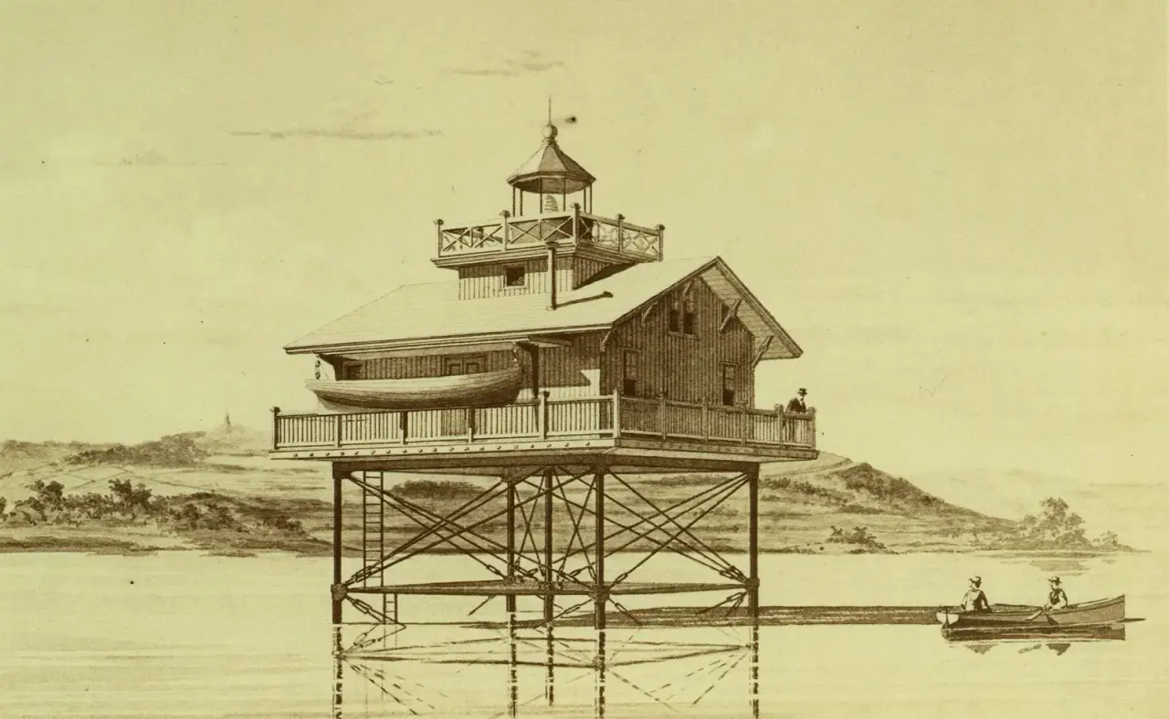 1876 illustration of a screw-pile lighthouse standing on iron piles in shallow water